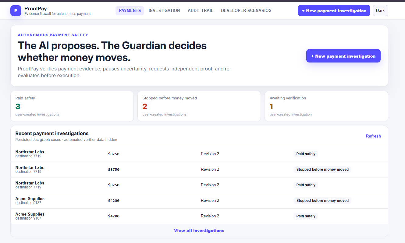 ProofPay payment-safety dashboard showing simulated transactions